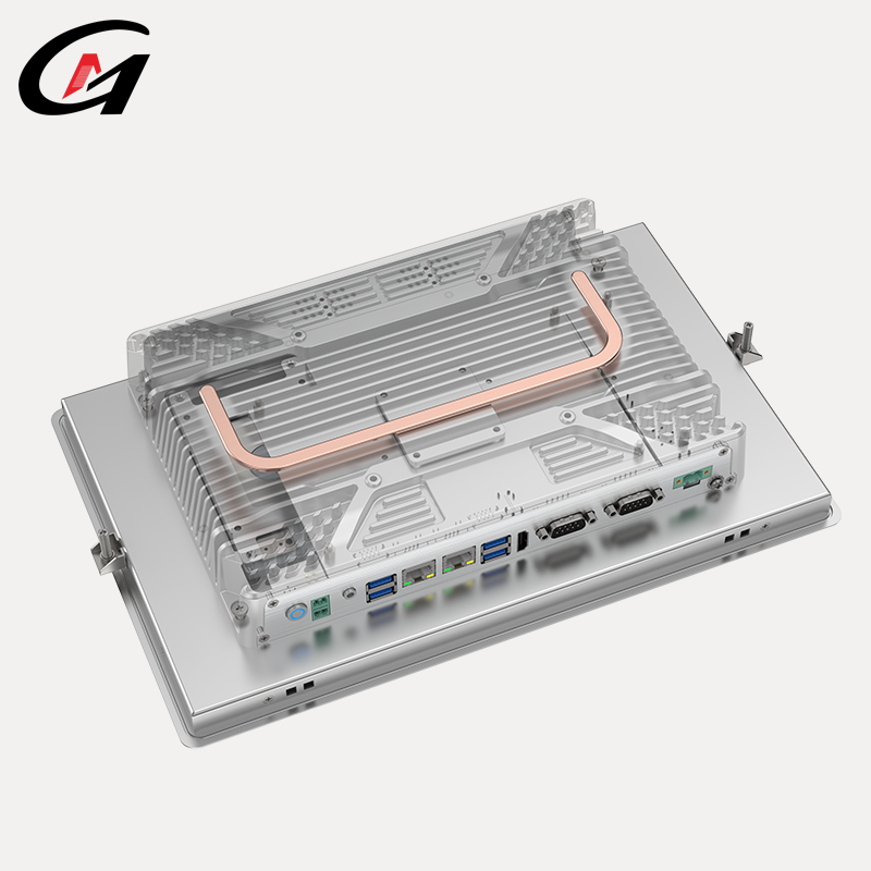 Gonzmei fanless industrial panel PC rear view showing aluminum heat sink, copper heat pipe, and I/O ports